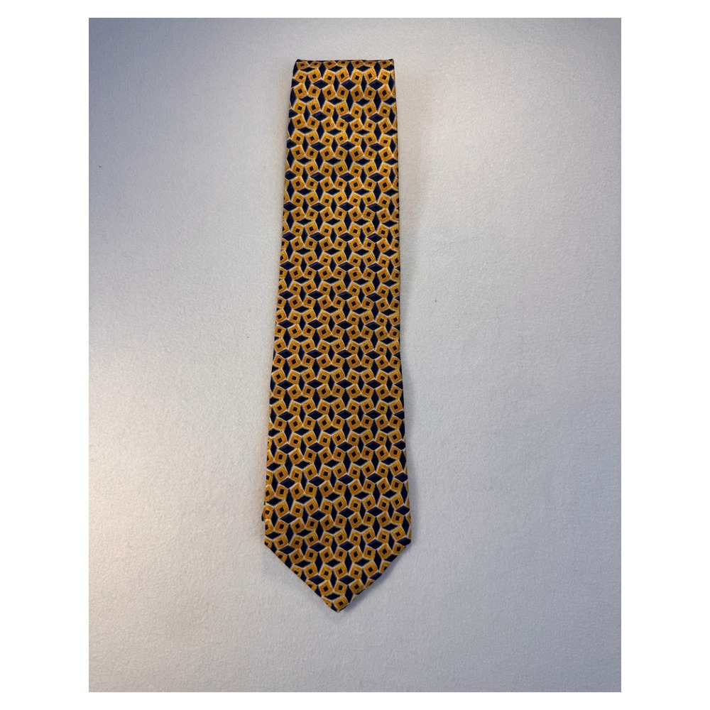 Geoffrey Beene Silk Tie Gold Navy Geometric Print Mens Necktie Classic